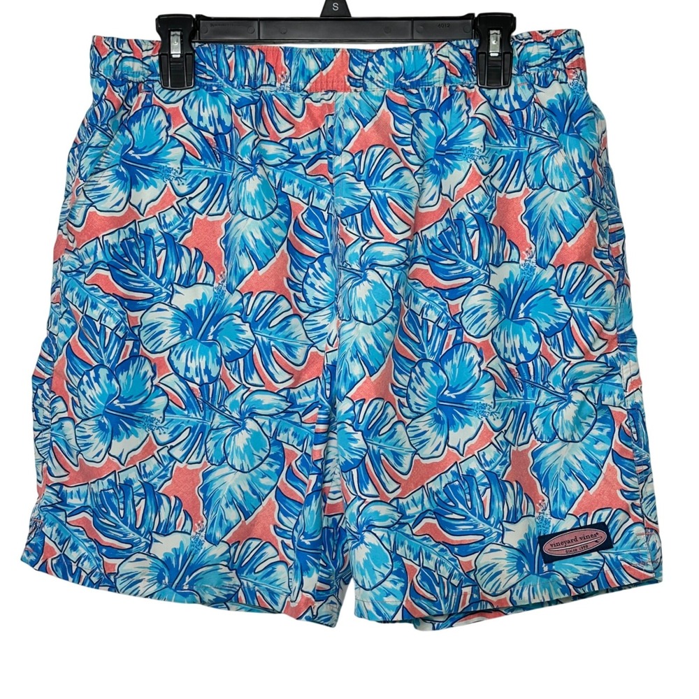 Vineyard Vines Mens Tropical Hibiscus Swim Trunks Blue Coral Pink Medium‎